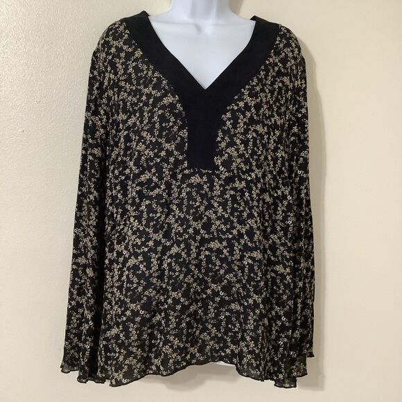 Lane Bryant Black Floral Whimsygoth Dark Cottagecore Flowy Silk Blouse 22/24 - Picture 1 of 12